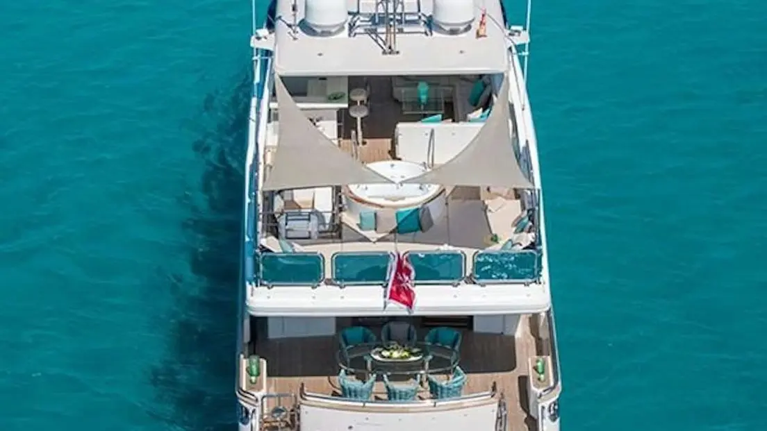 Aerial top view of Zeta 100 yacht deck layout in turquoise Dubai waters