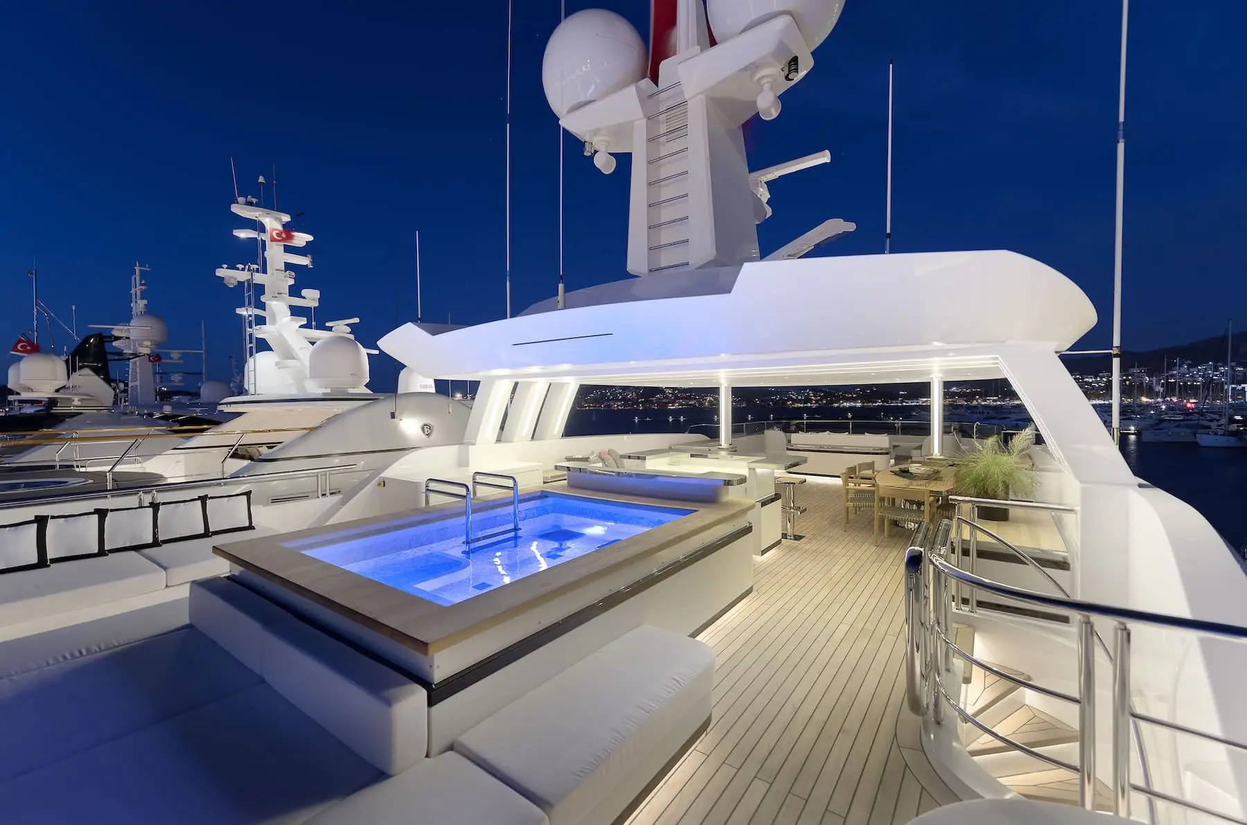 Skyfall 177 yacht jacuzzi on upper deck at sunset