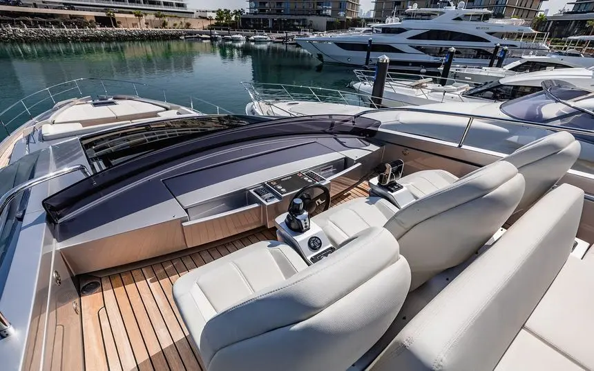 Pershing 8X flybridge helm with twin seats and marina views