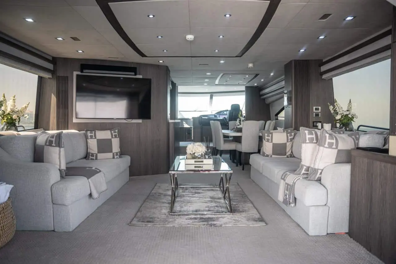 Sunseeker 82 Yacht main saloon looking forward, 2024 refit decor