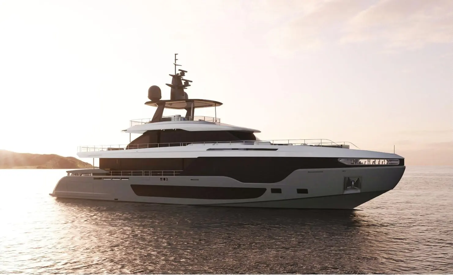 Azimut Grande 36M profile at dusk, shipyard rendering