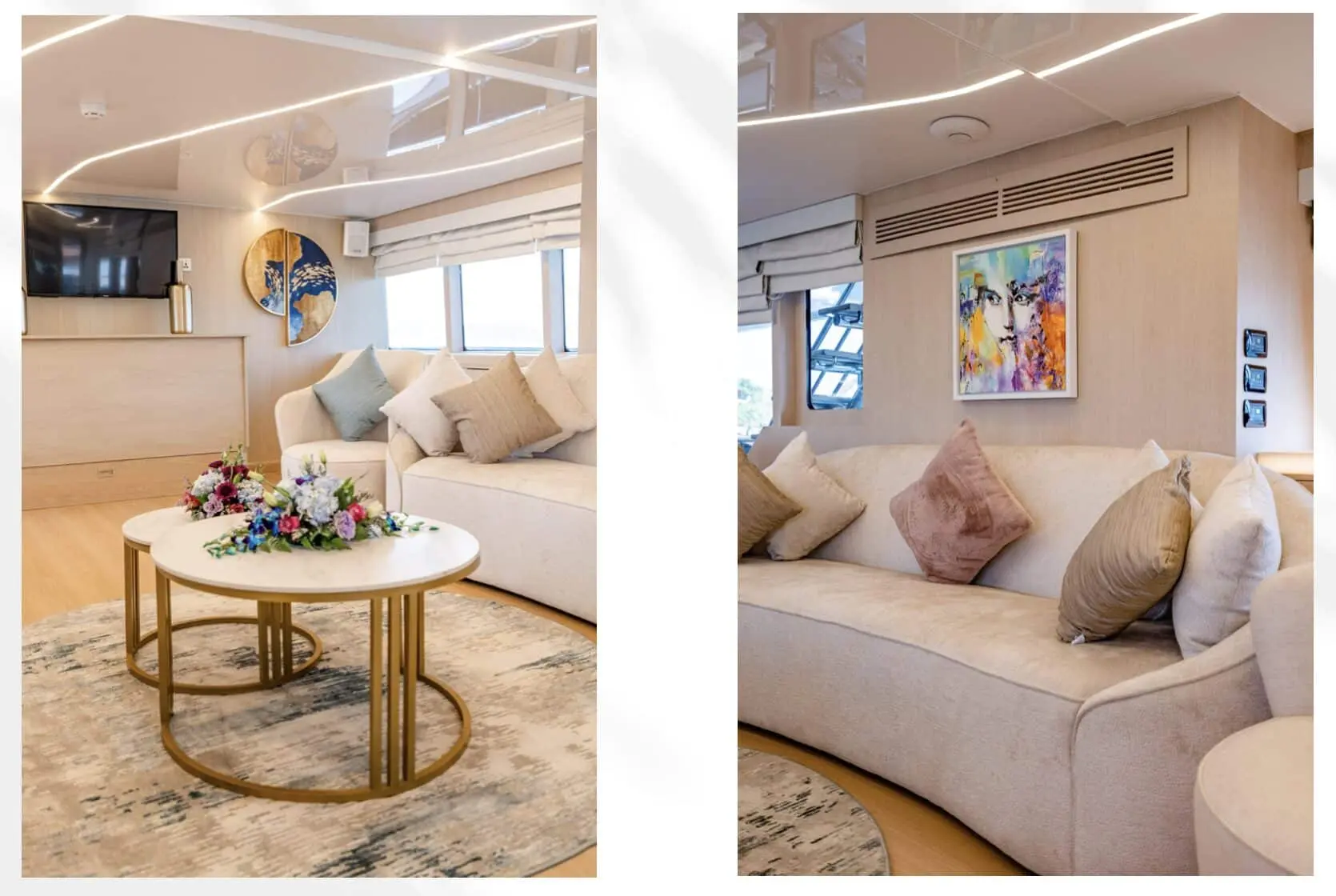 Cozy lounge seating area on Finesse yacht with modern décor