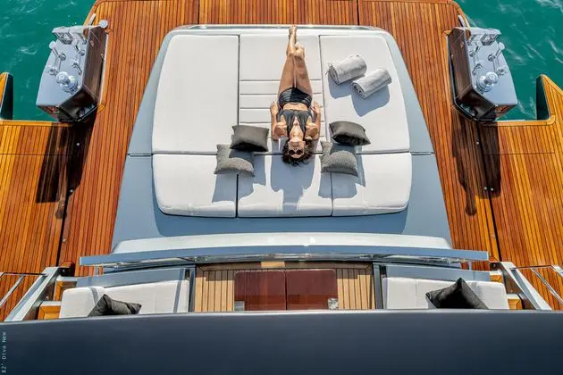 Riva 82 Diva beach club sunpad from above, both terraces lowered