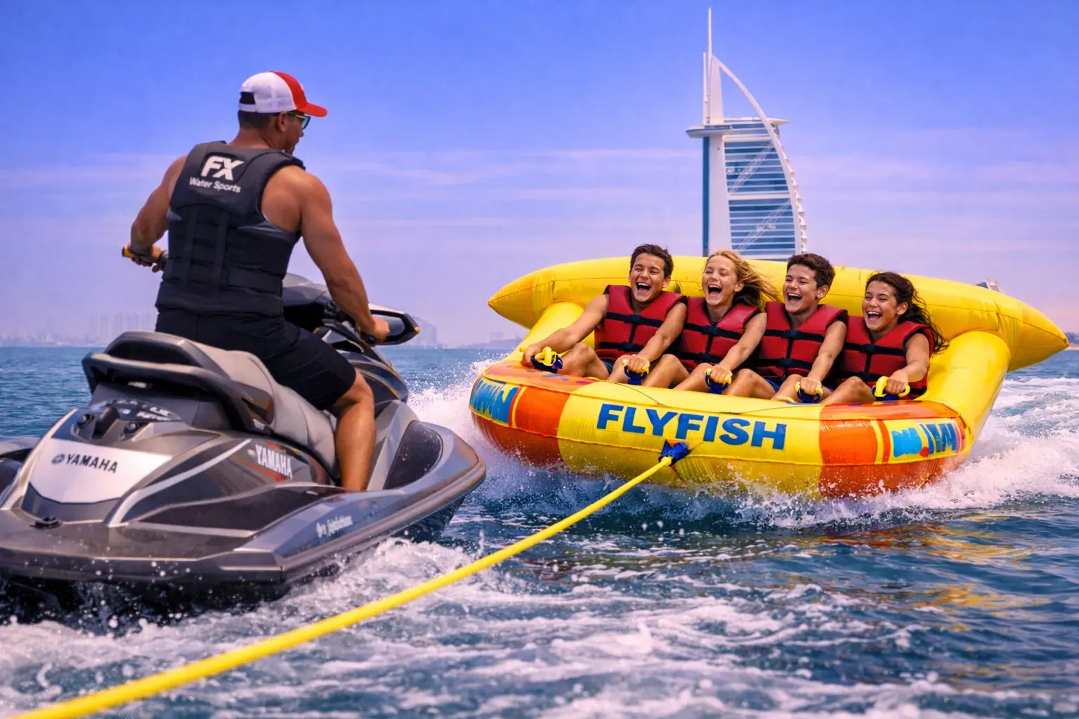 Jet ski towing a yellow Flyfish inflatable with four children aboard, Burj Al Arab on the horizon
