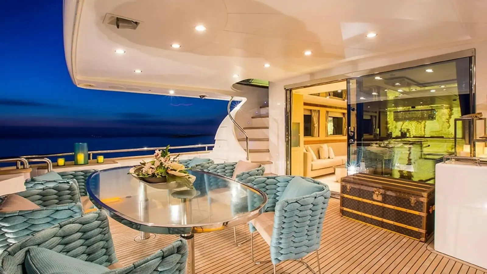 Zeta 100 yacht aft deck lounge seating with ocean view in Dubai