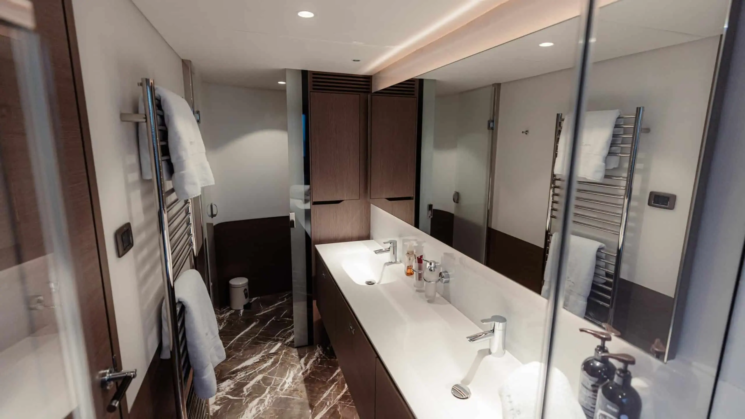 Princess X95 luxury yacht bathroom double vanity with modern fixtures and premium finishes