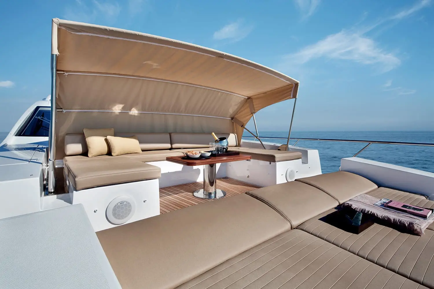 Azimut 77S bow lounge shaded by sun awning — shipyard photo