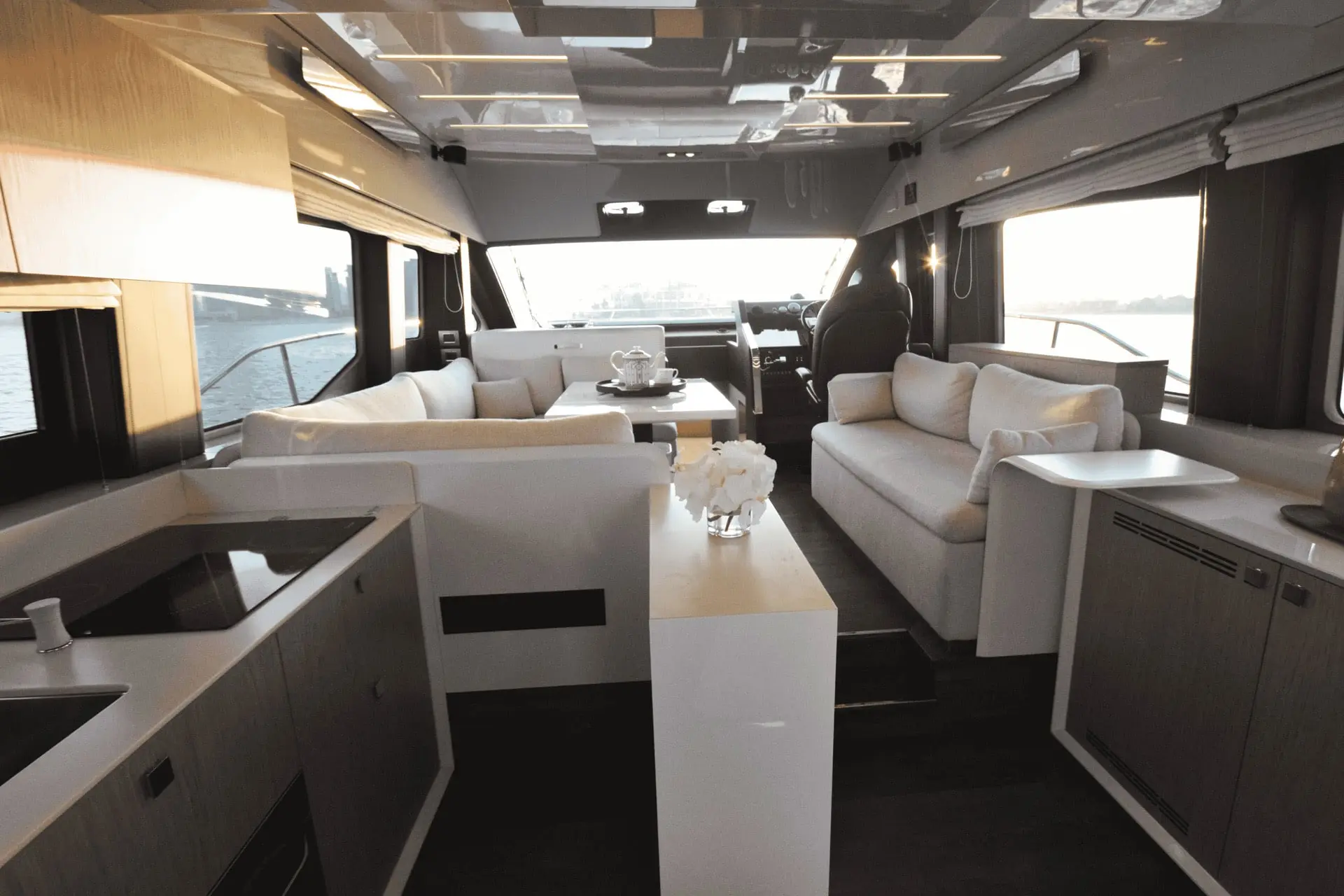 Cranchi 52 Evoluzione saloon lounge and dinette from the galley