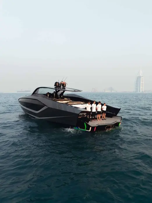 Lamborghini 63 super sport yacht anchored in Dubai