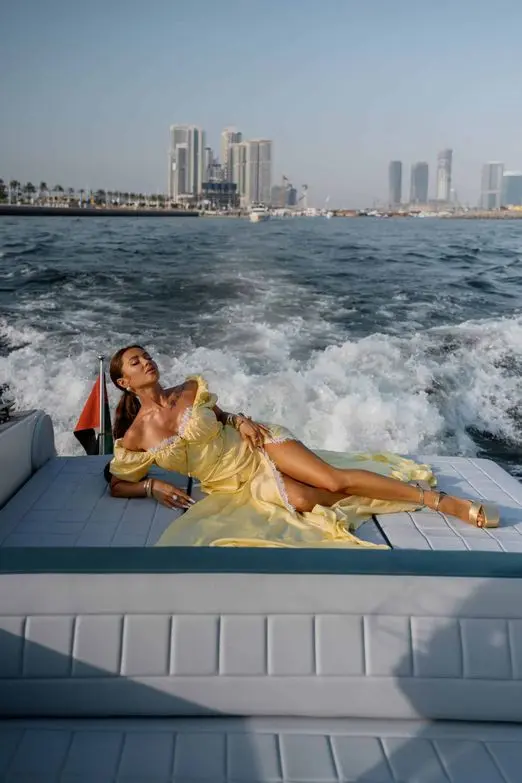 Von Dutch 40 yacht sunbathing area with Dubai skyline view