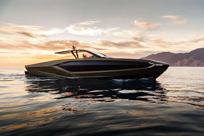 Tecnomar Lamborghini 63 side profile at sunset, shipyard photo