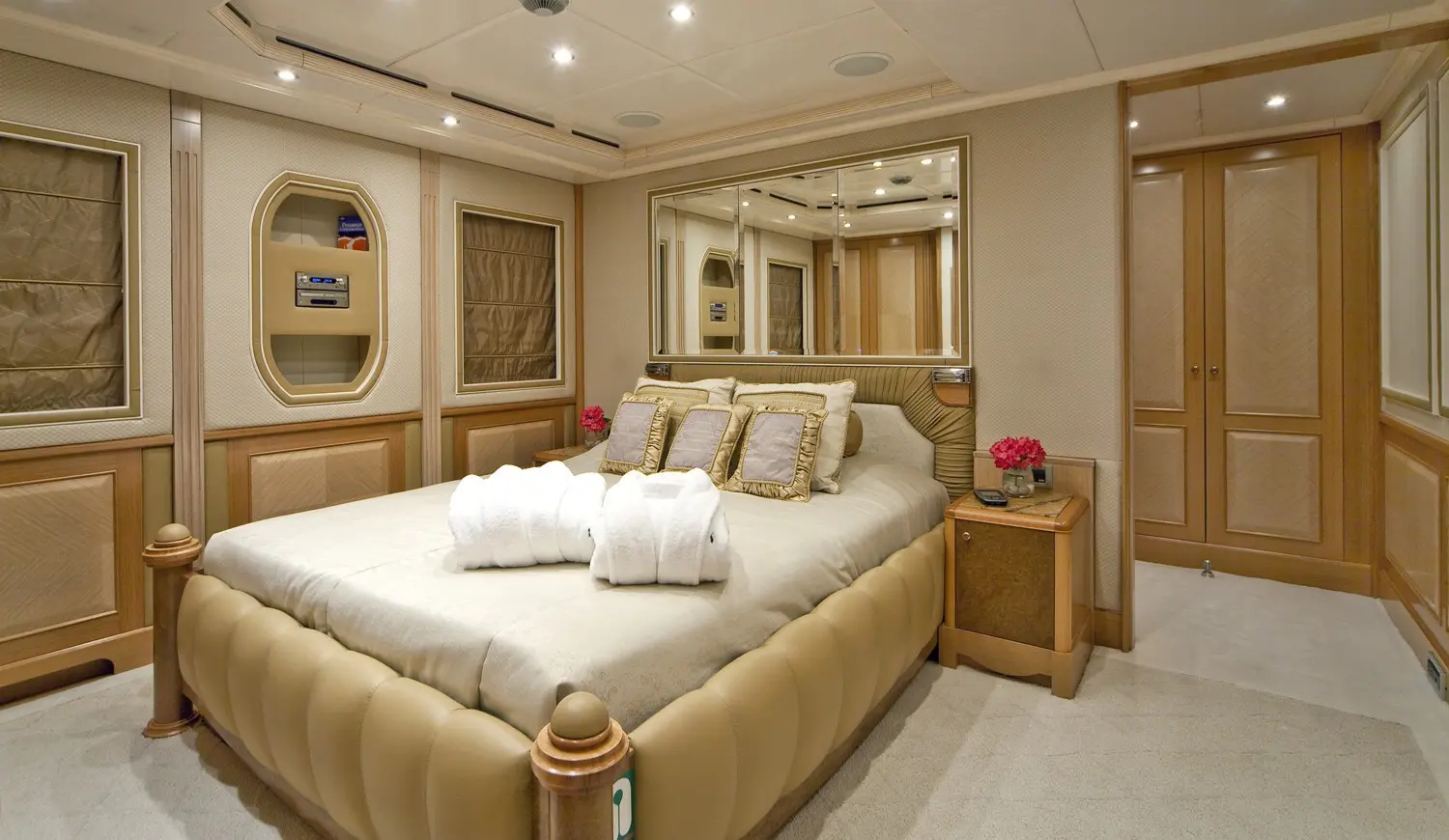 Athena 170 yacht guest cabin with double bed and elegant décor