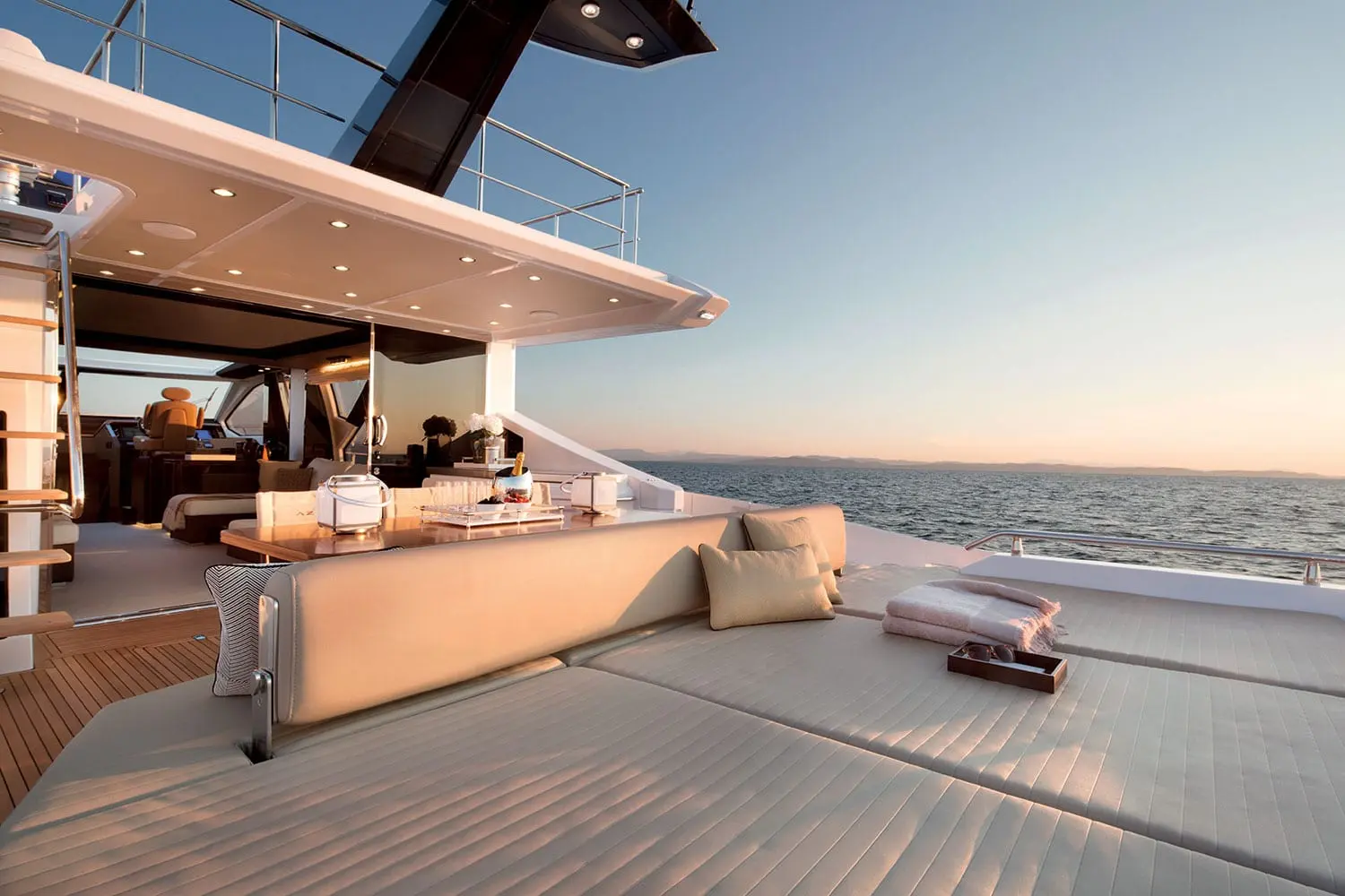 Azimut 77S cockpit terrace sofas facing the sea — shipyard photo