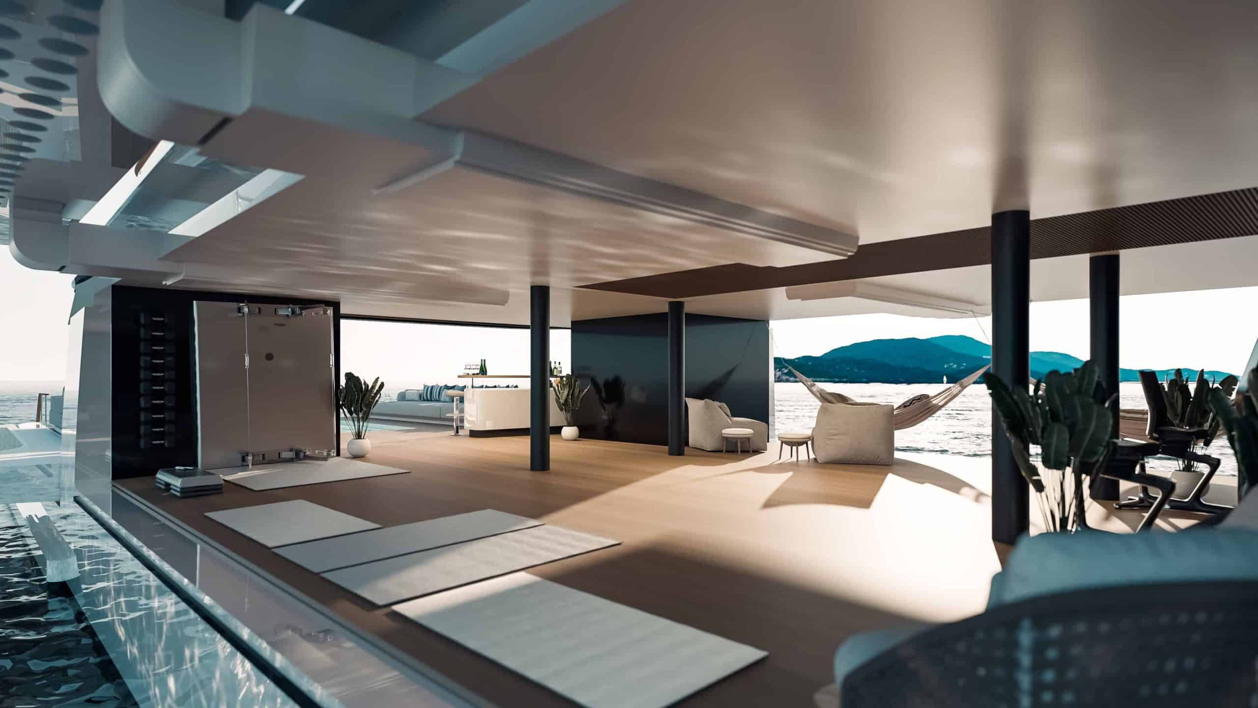 Benetti B.Yond 57M beach club deck with glass-edged pool, shipyard rendering