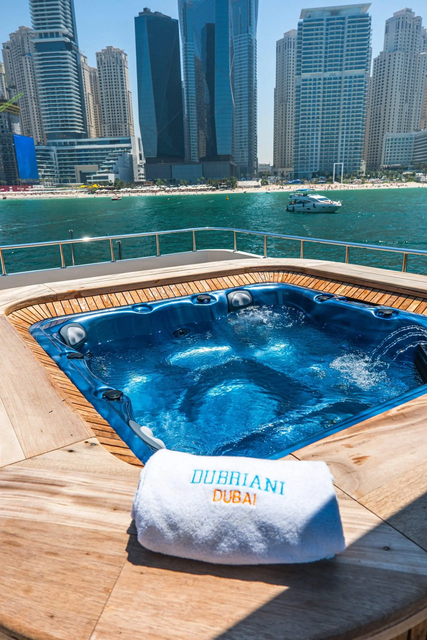 Hot tub with skyline view on Sapphire 150 Yacht Dubai