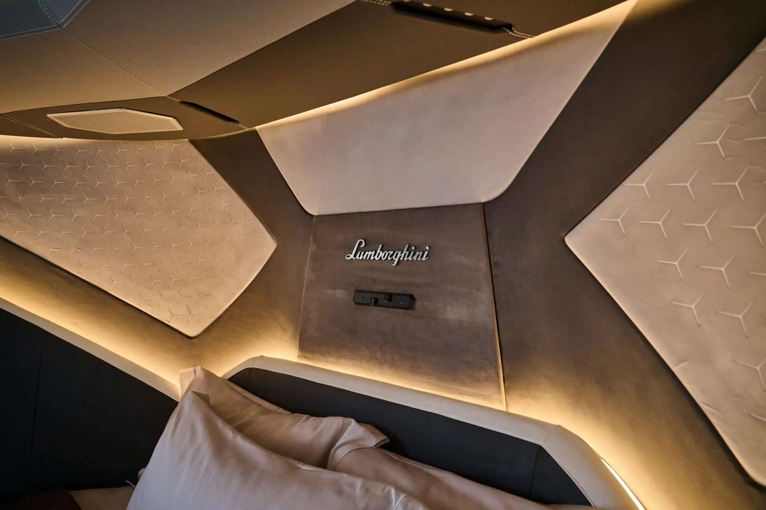 Lamborghini 63 yacht cabin ceiling with illuminated Lamborghini logo detail