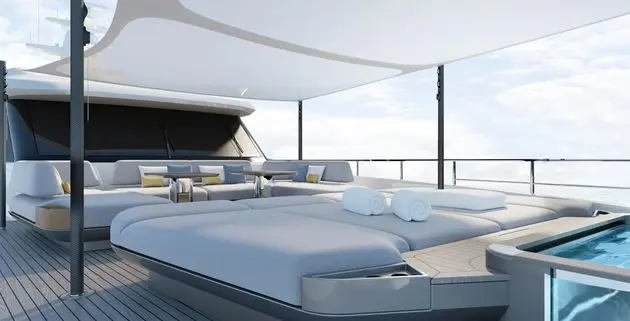 Azimut Grande 36M sunpad lounge under a shade canopy, shipyard rendering