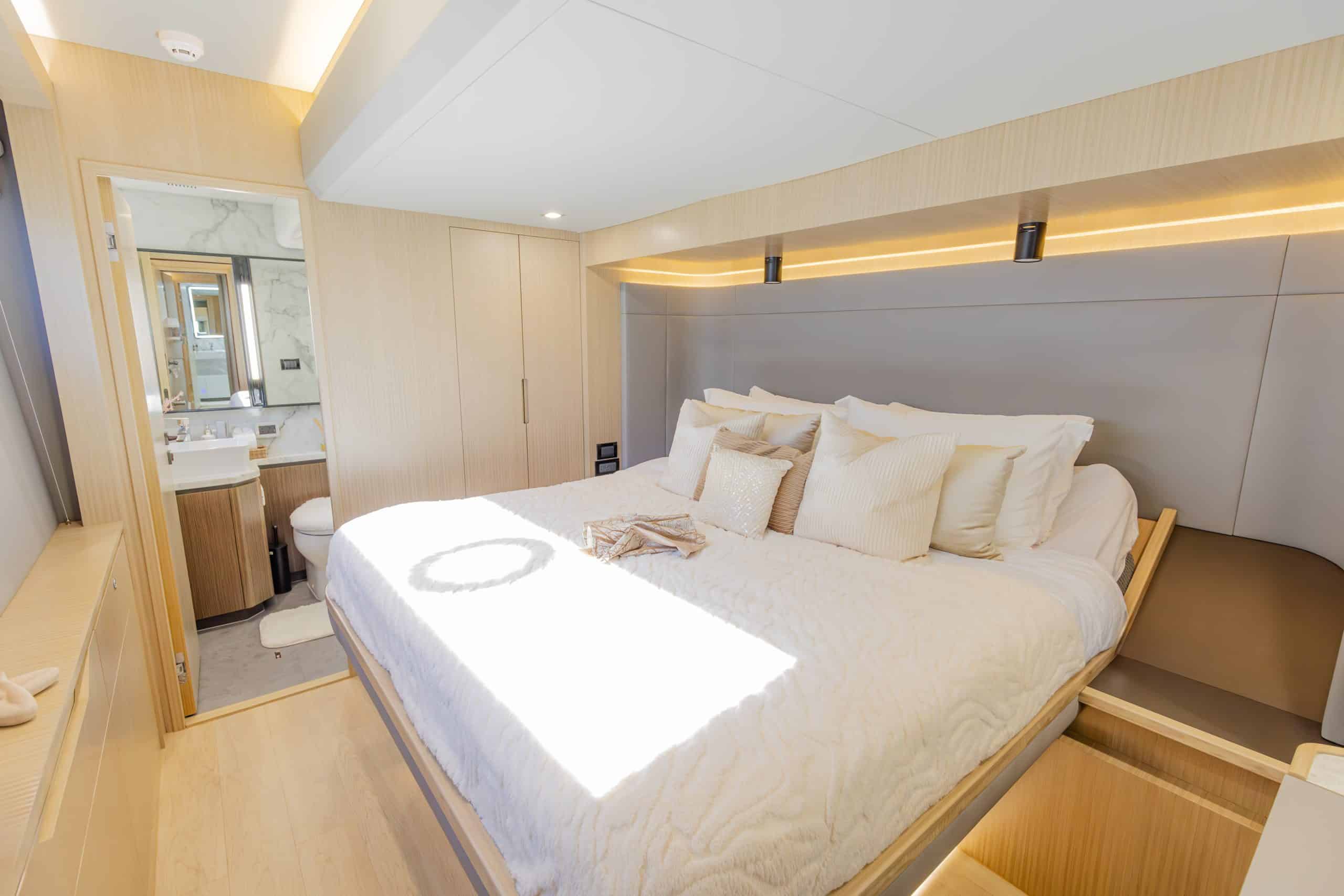 Zirve 72 yacht VIP cabin with double bed and ambient LED lighting