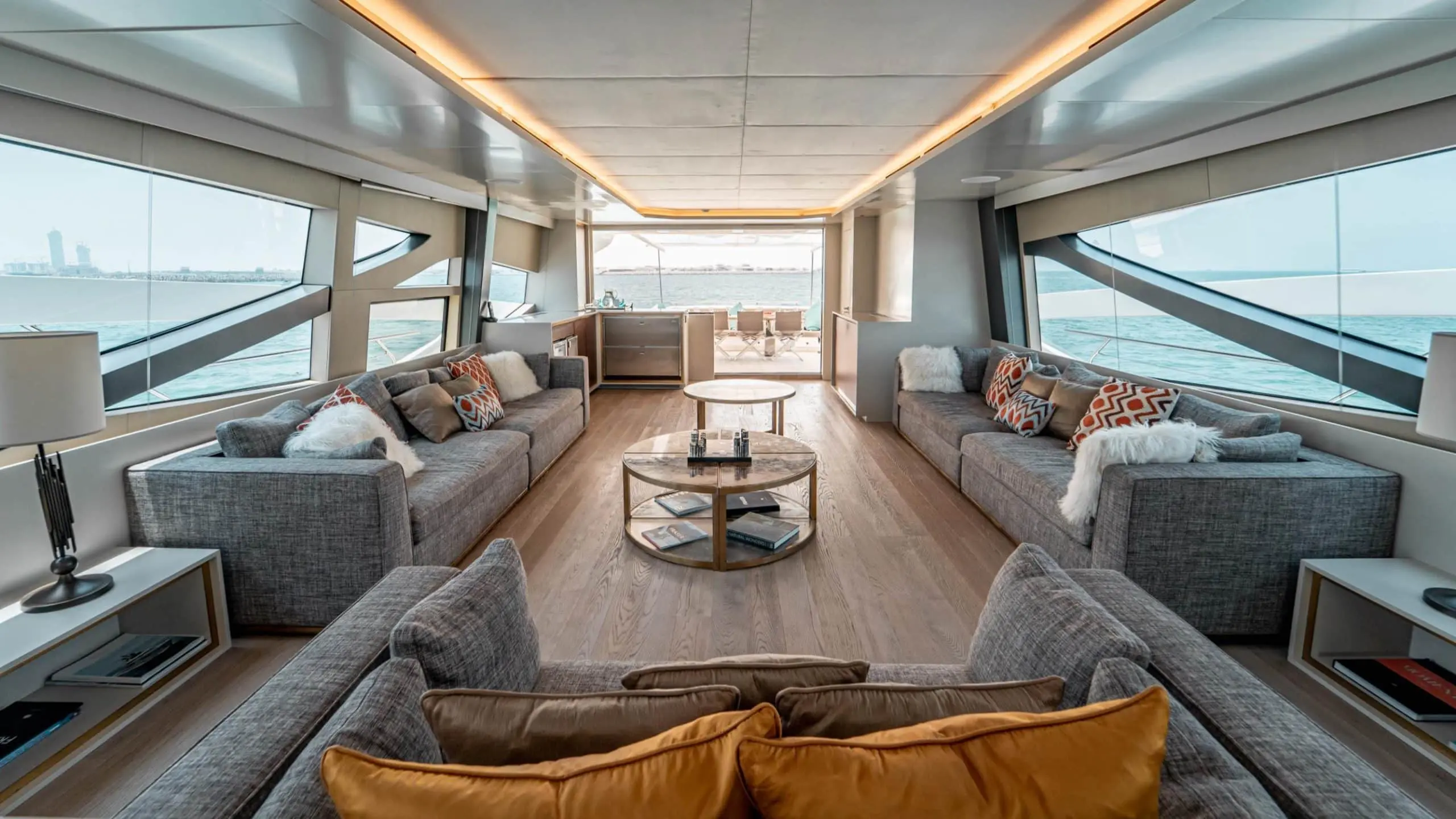 Main salon lounge interior on Dolce Vita luxury yacht