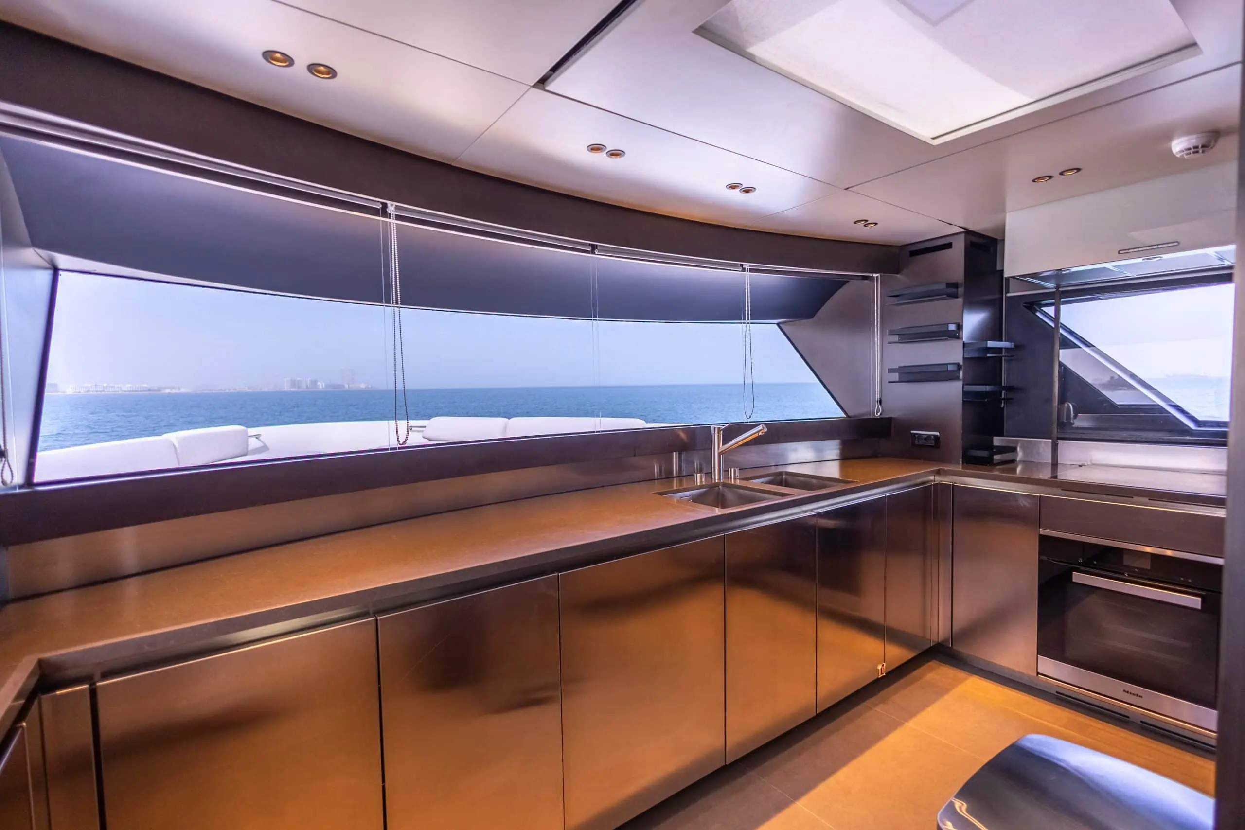 SanLorenzo SX88 galley with full-length counter and sea views