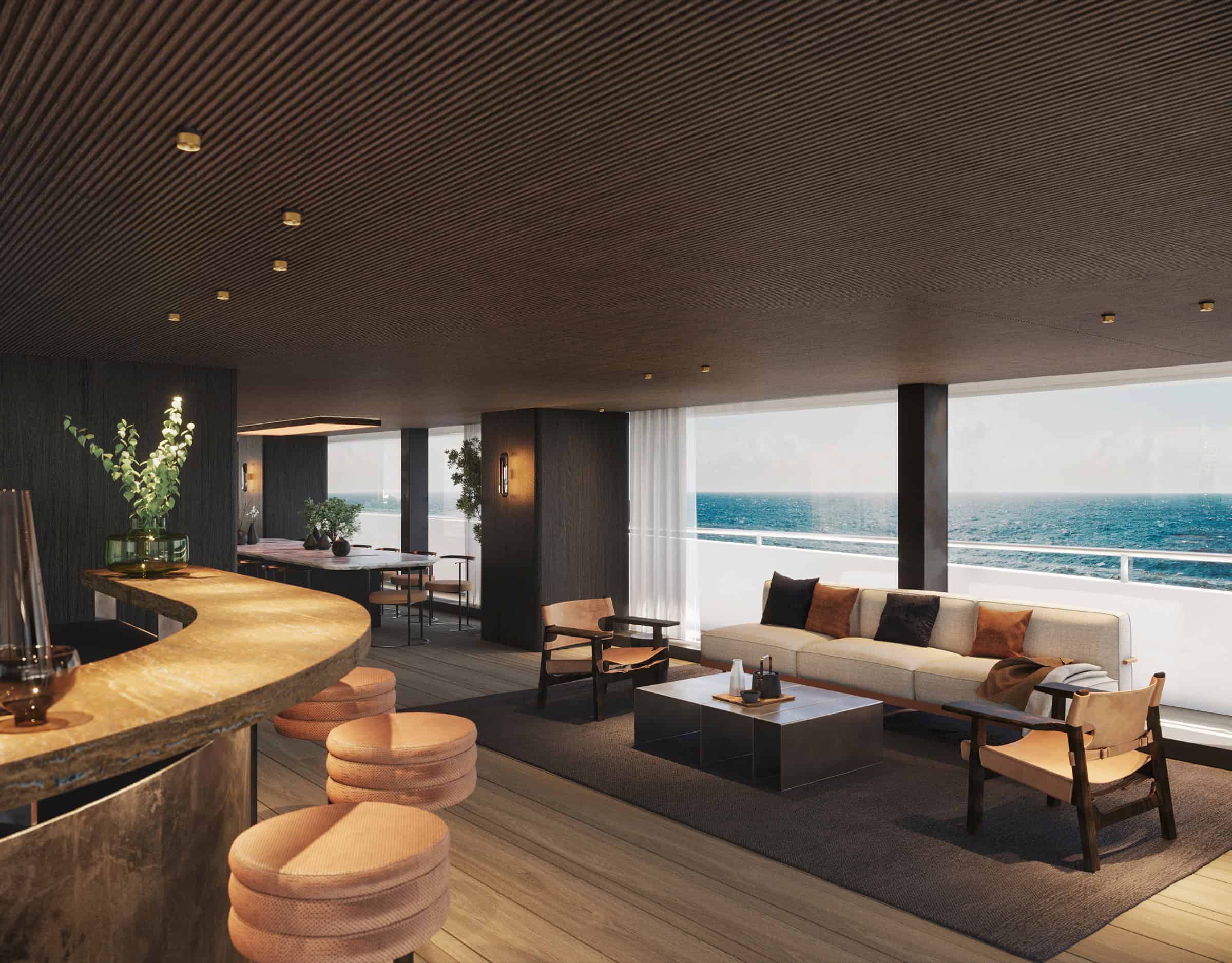 Benetti B.Yond 57M upper-deck salon with bar, shipyard rendering