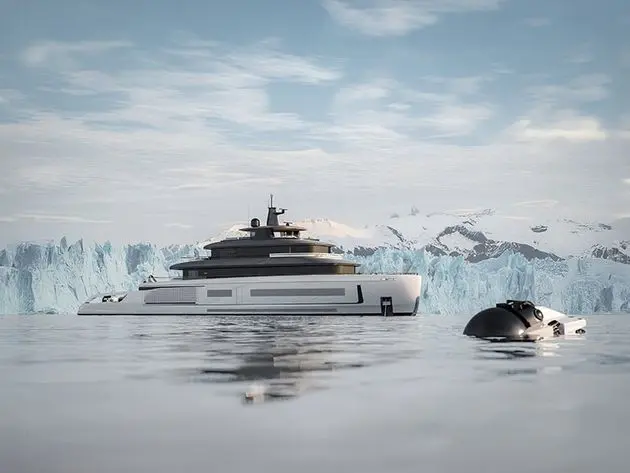 Benetti B.Yond 57M at anchor in a glacial bay, shipyard rendering