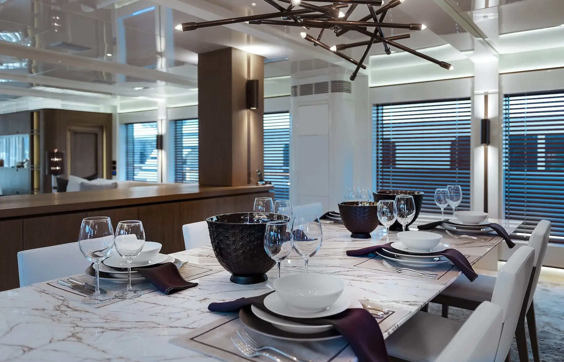 Skyfall 177 yacht interior lounge with panoramic windows and modern décor