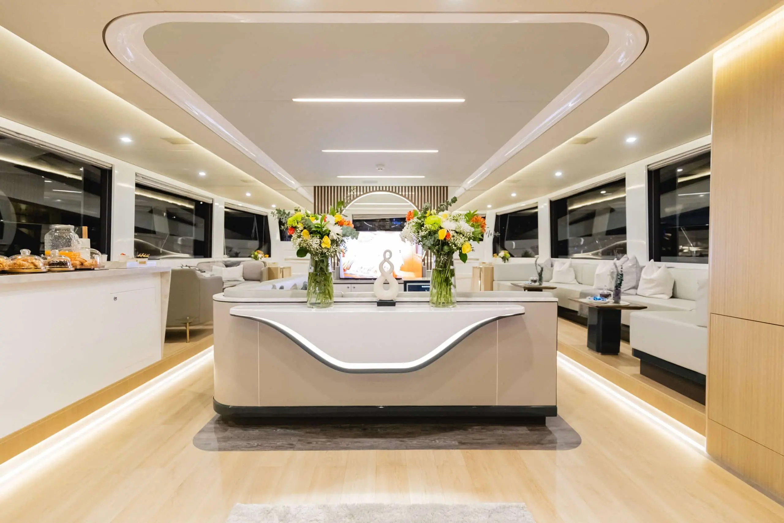 Zirve 72 yacht main salon interior with modern seating and elegant lighting design