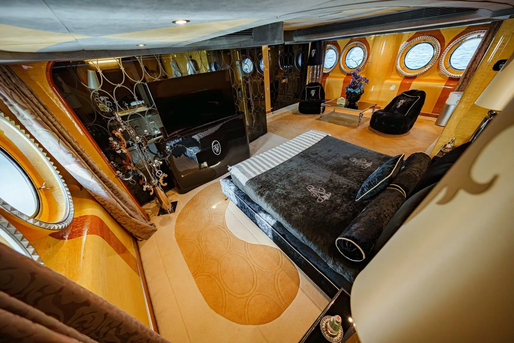 Thunder Superyacht luxury game table area with wooden interior design