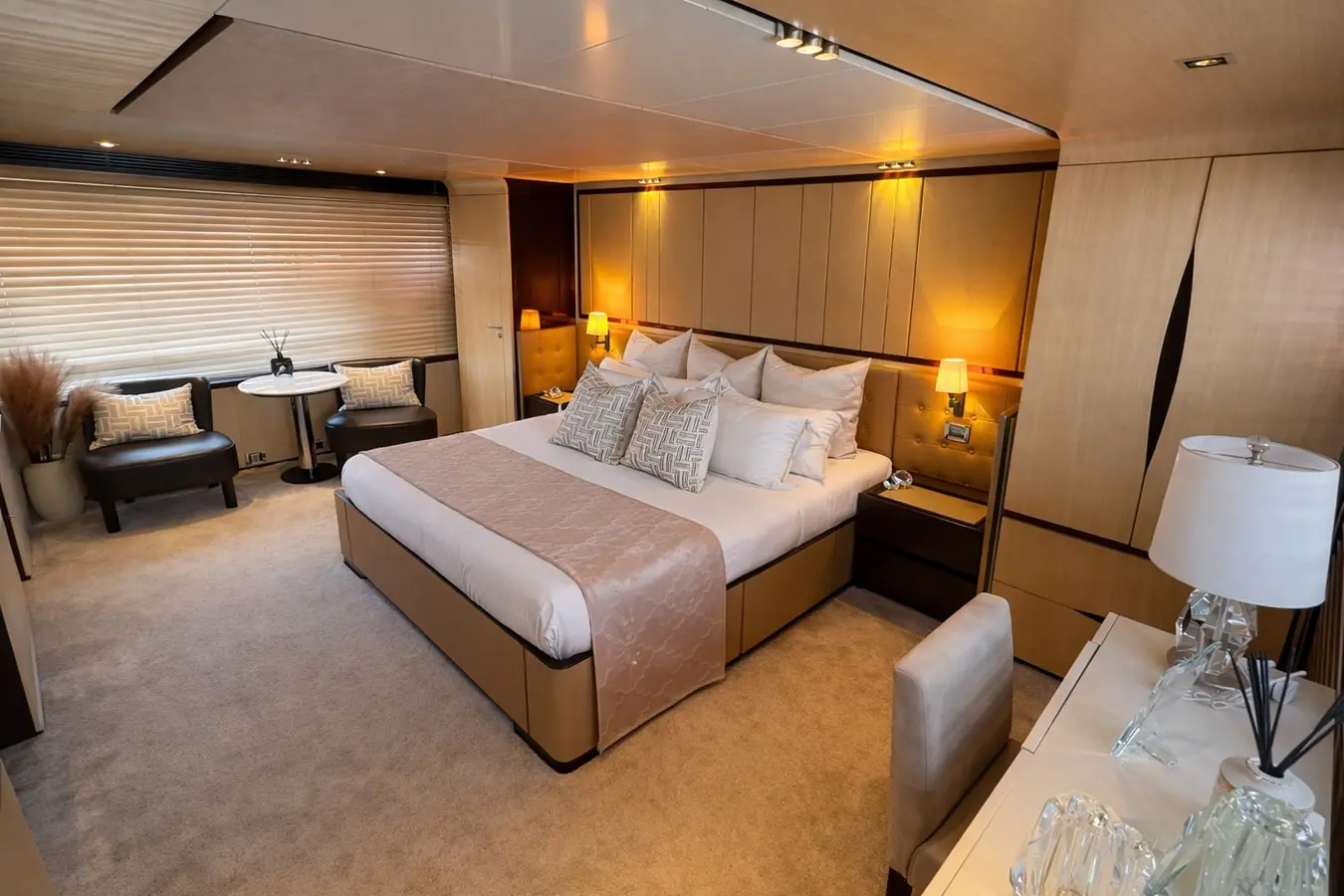 Azimut 88 full-beam master cabin with warm bedside lighting