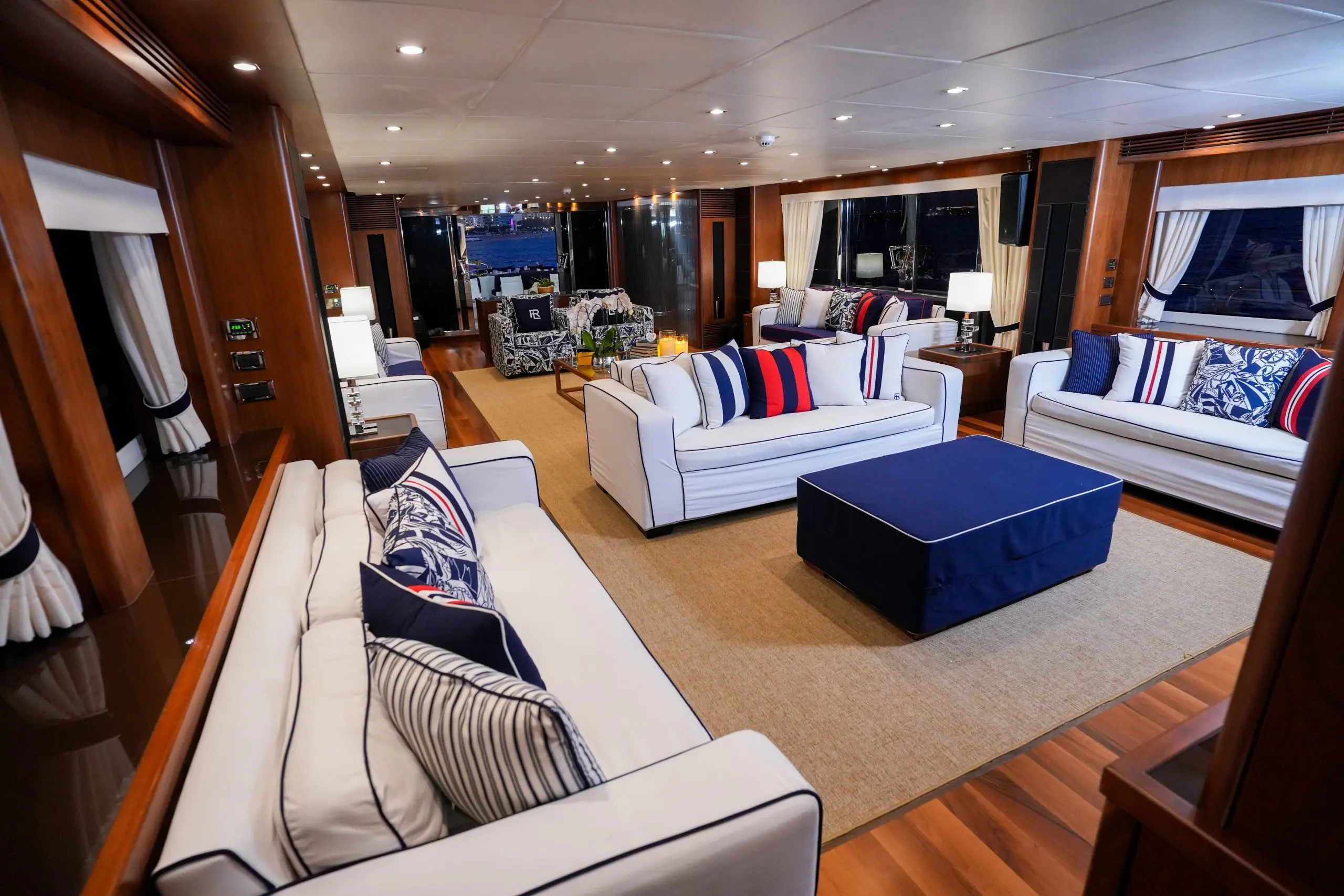 Modern entertainment lounge inside Sunseeker 131 luxury yacht