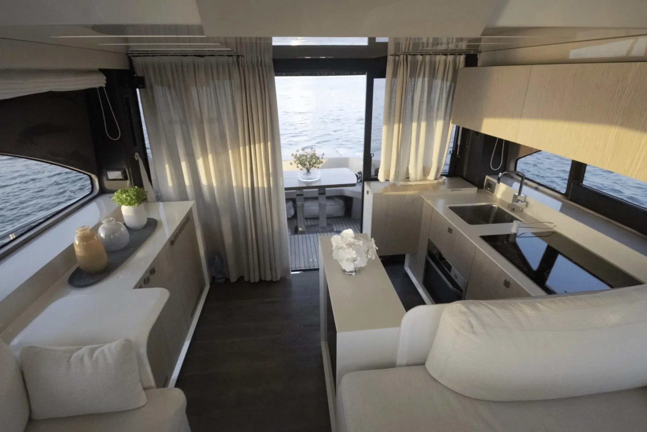 Cranchi 52 Evoluzione galley looking aft to the saloon doors