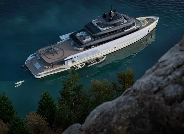 Benetti B.Yond 57M aerial view with helipad, tenders and bow lounge, shipyard rendering