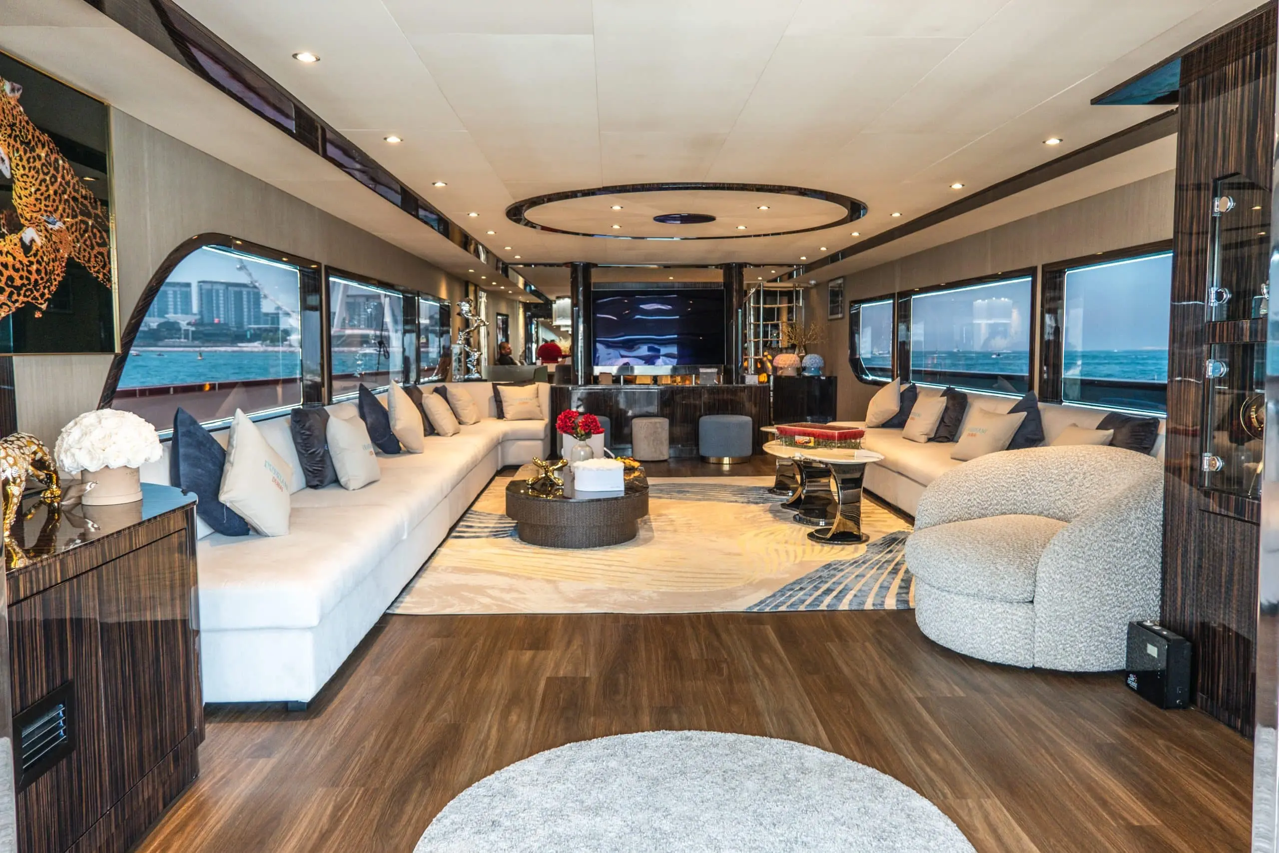 Modern luxury seating area aboard Sapphire 150 Yacht Dubai