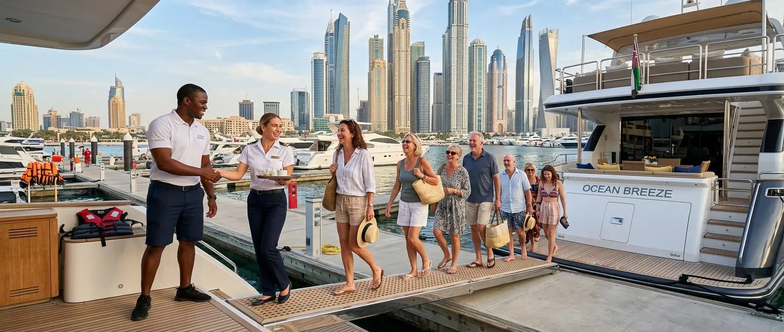 Charter guests boarding a yacht at Dubai Marina, welcomed by crew