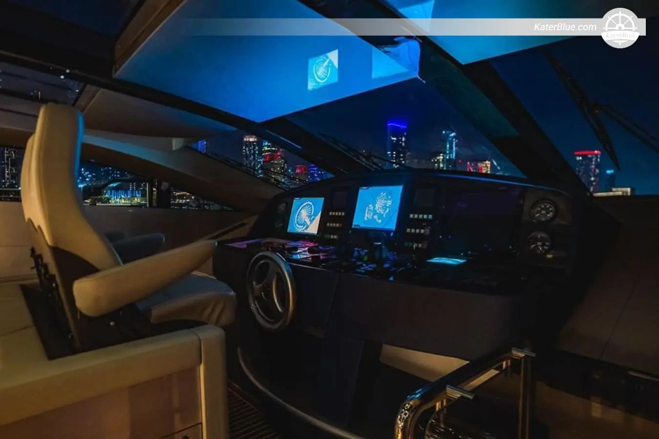Baglietto 105 HT helm station at night with city lights