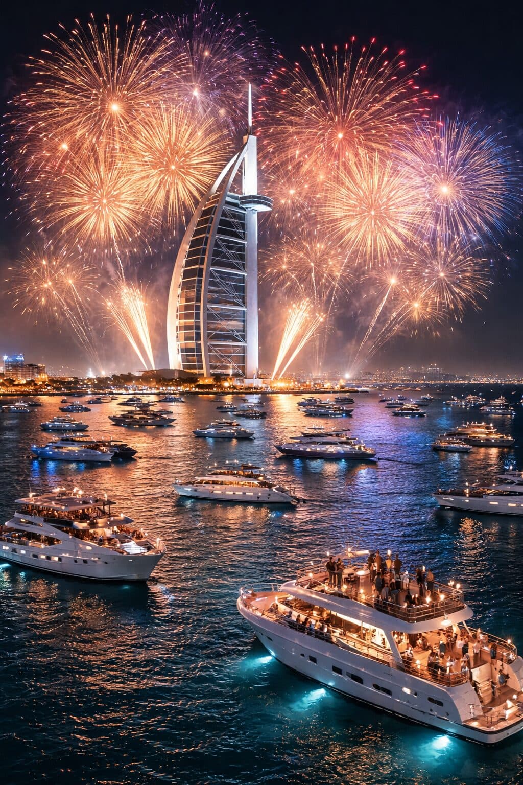 Exclusive New Year’s Eve yacht experience in Dubai with fireworks over Burj Al Arab.