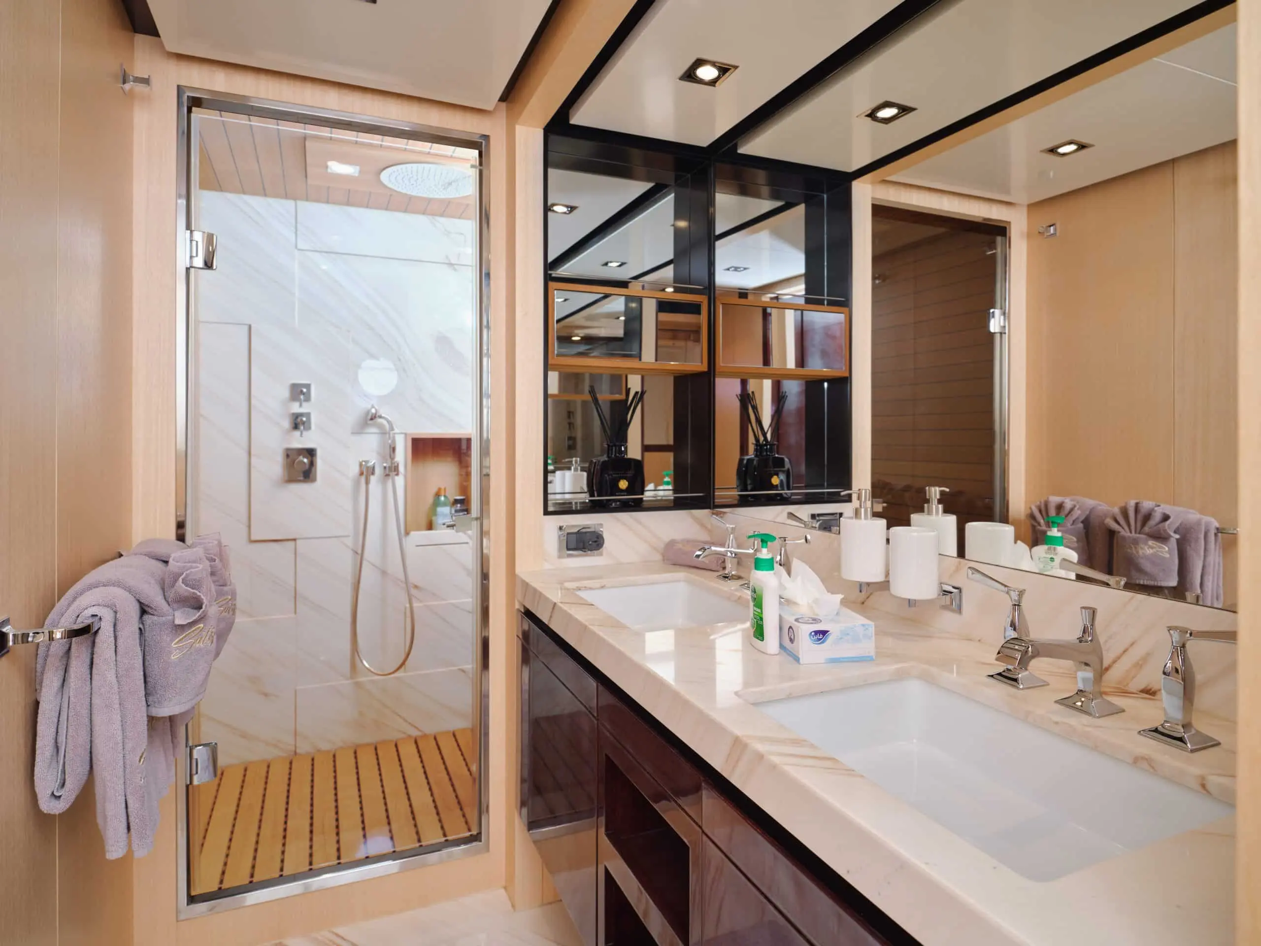 Interior corridor and cabin entrance on Azimut 88 yacht