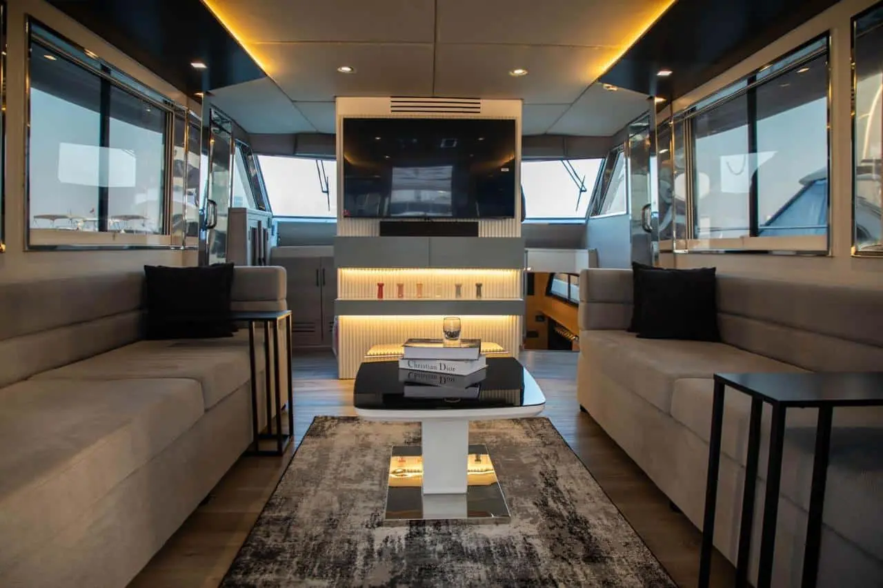 Dining and lounge area in Zenith 64 yacht interior