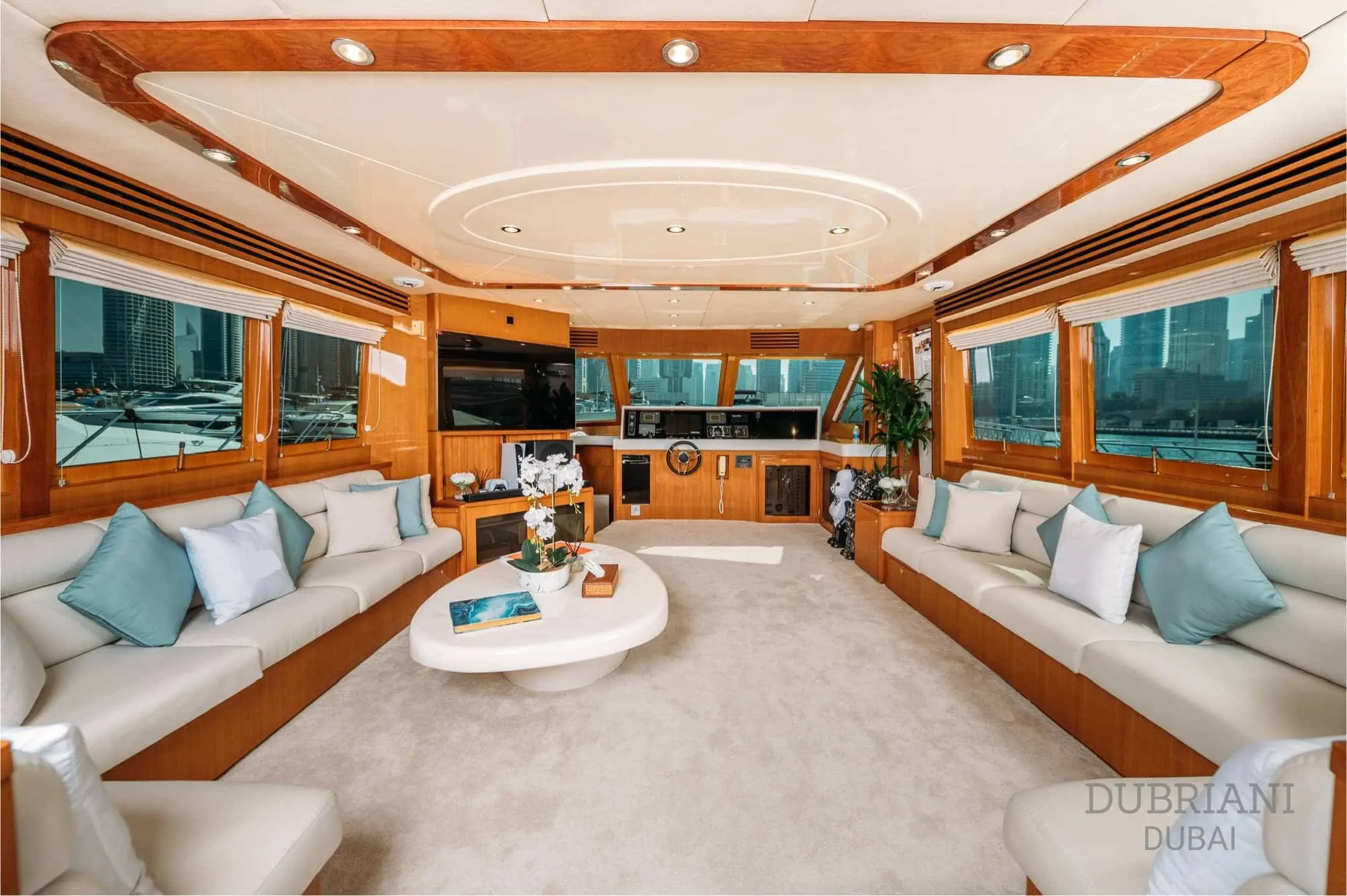 Luxury main salon interior on Eclipse yacht with modern seating and ambient lighting
