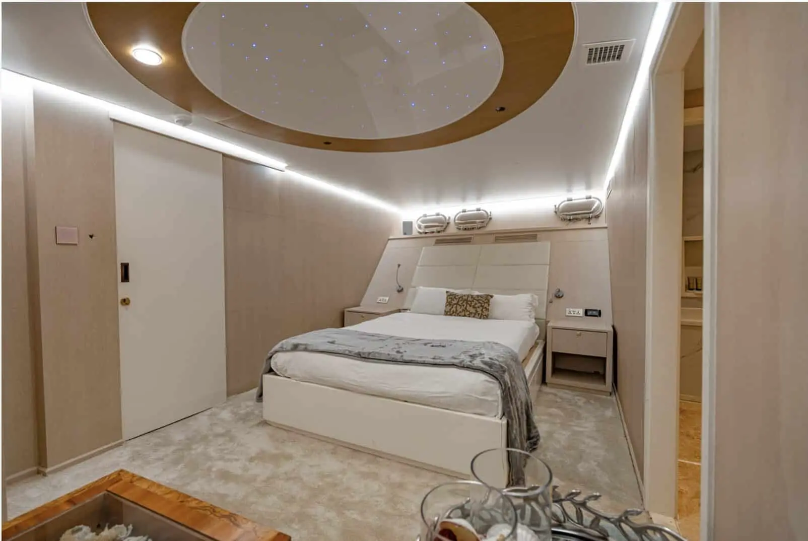 Premium double bedroom cabin interior on Finesse yacht Dubai