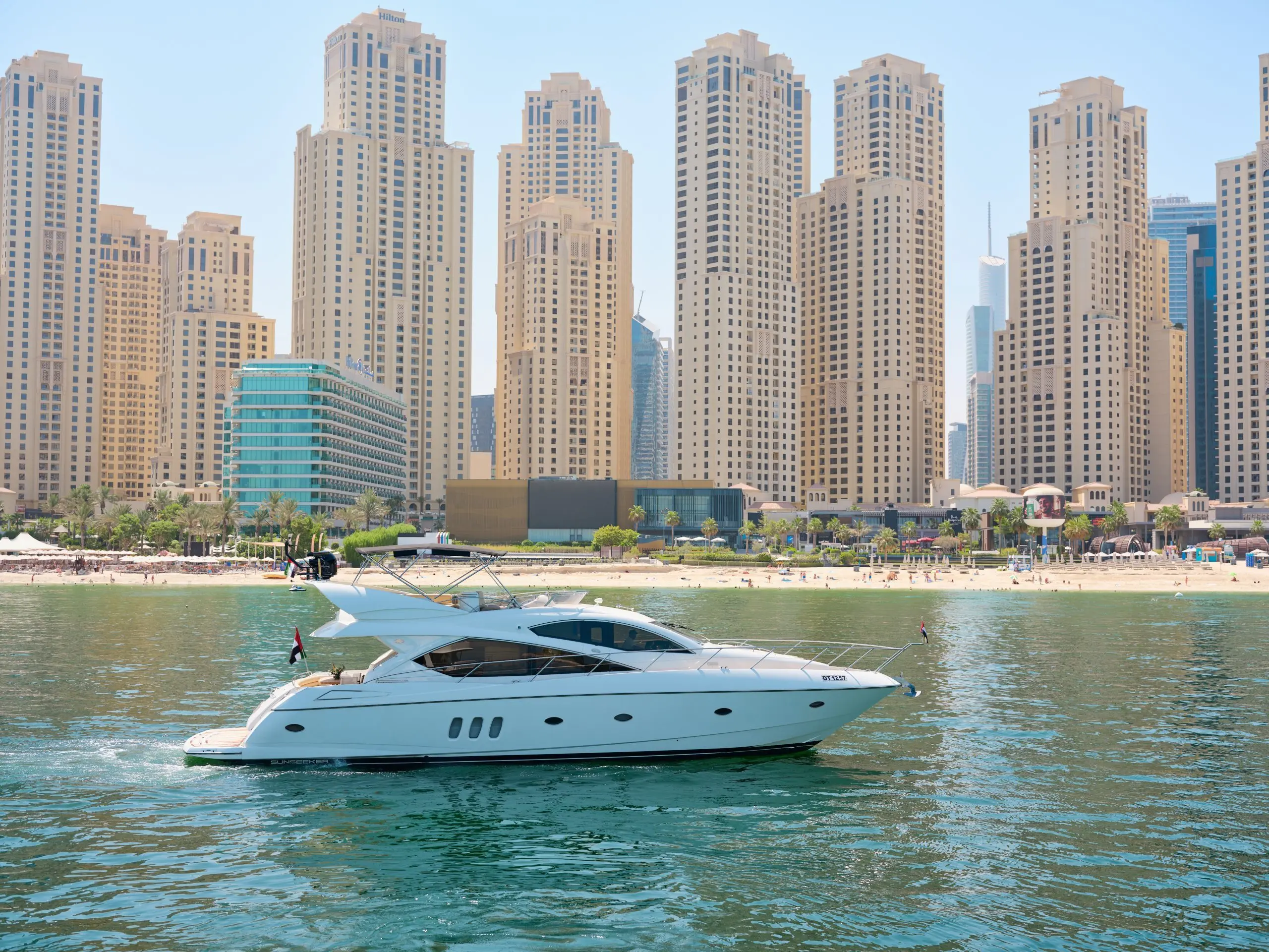 Luxury Sunseeker yacht exterior cruising in Abu Dhabi waters during Formula 1 weekend