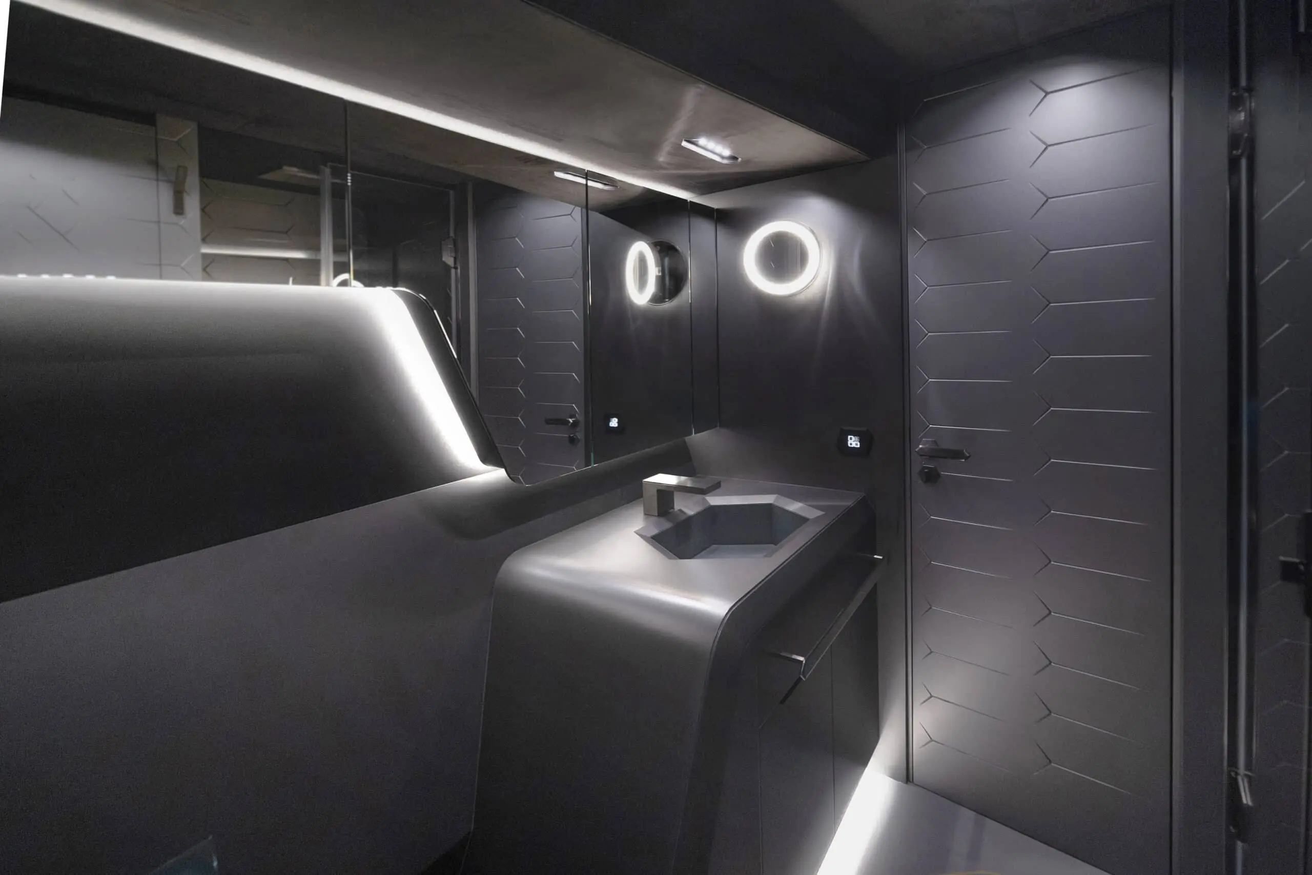 Tecnomar Lamborghini 63 bathroom in dark finishes, shipyard photo
