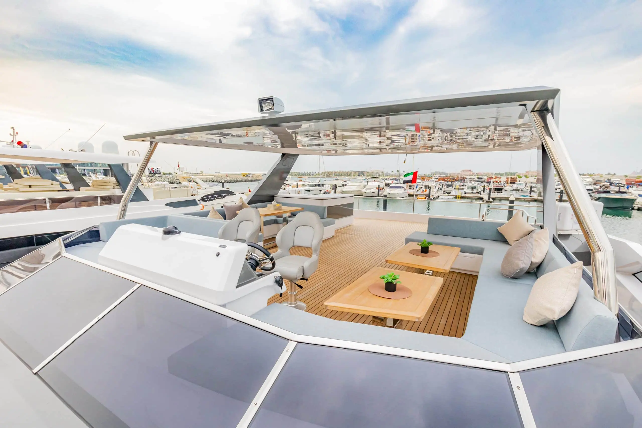 Aerial view of Zirve 72 yacht upper deck with seating and navigation area