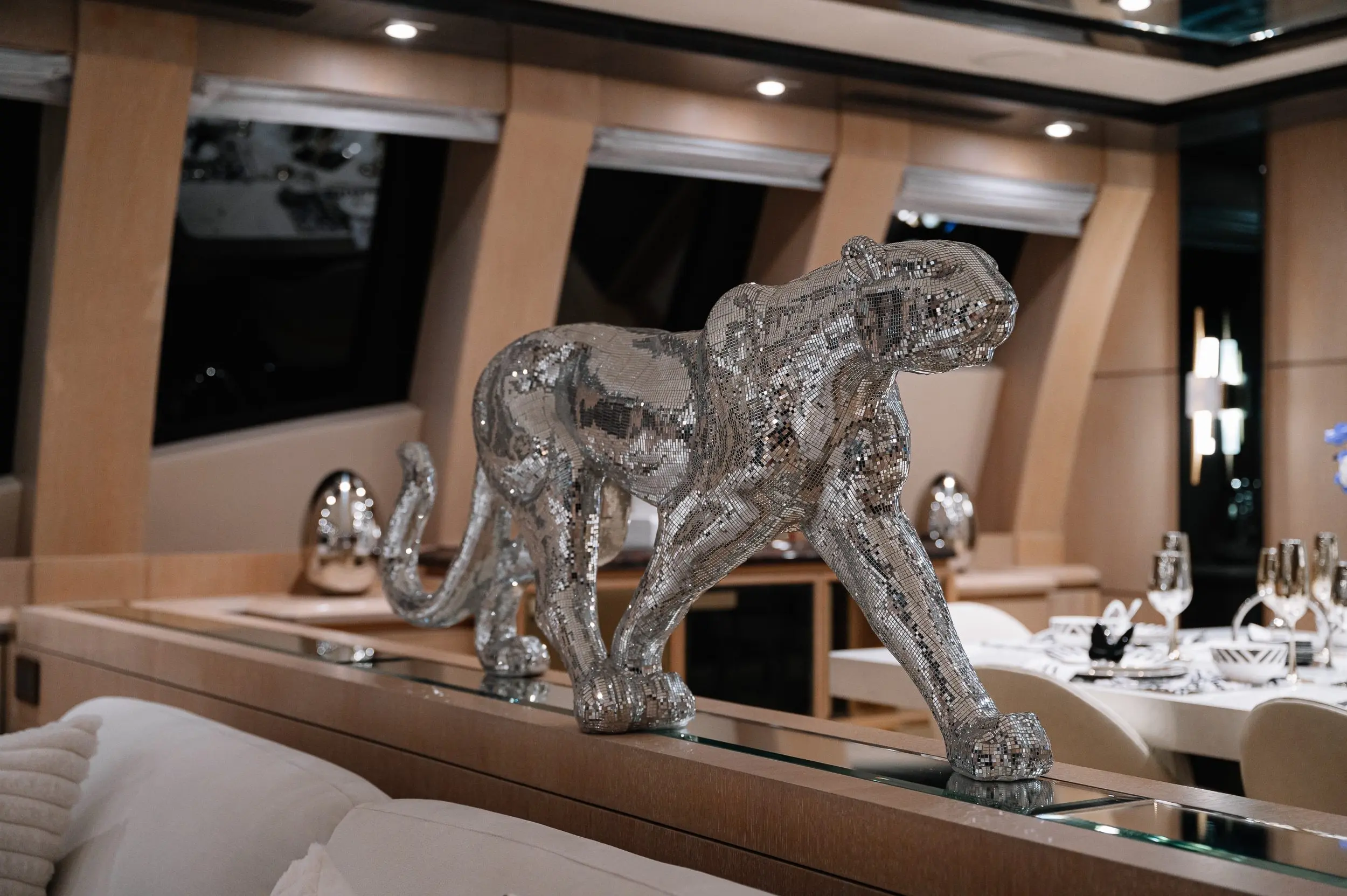 Luxury decorative sculpture inside Royalty 136 yacht interior