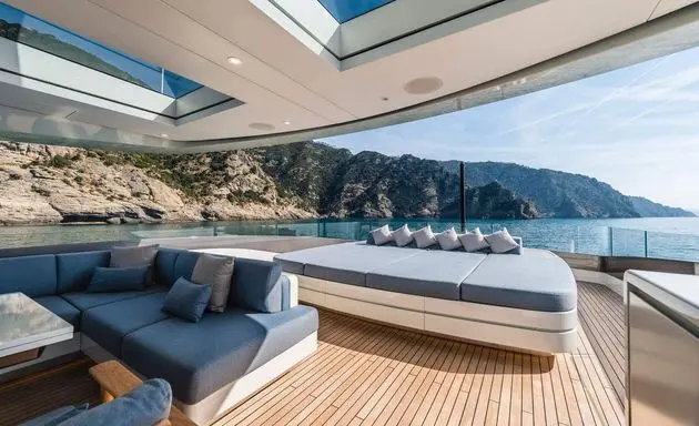 Tankoa S501 foredeck lounge looking aft, shipyard photo