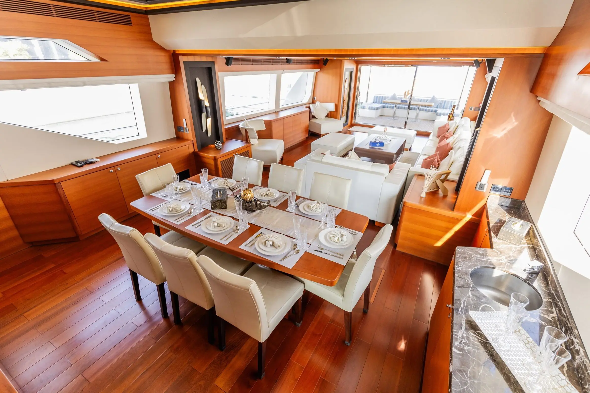 Cante 97 yacht open plan dining and lounge area