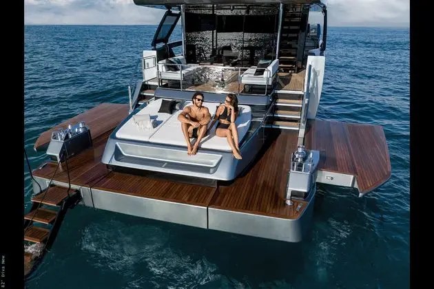 Riva 82 Diva beach club with fold-down side terraces and sunpad