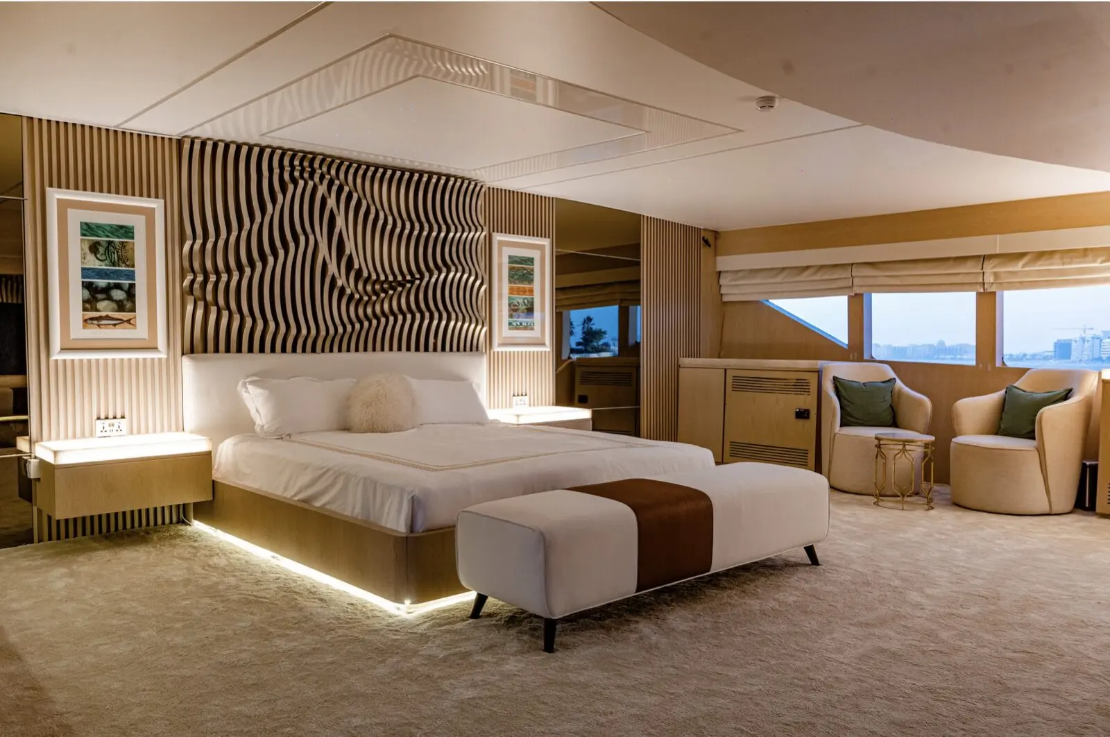 Master bedroom cabin interior on Finesse luxury yacht Dubai