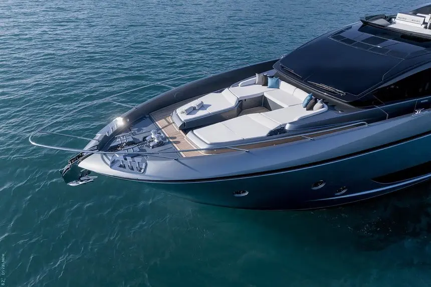 Riva 82 Diva bow aerial with foredeck sunpads and seating group